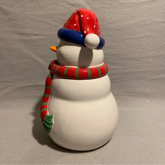 Holiday Snowman Cookie Jar with Santa’s red hat and red/green striped scarf. - Picture 4 of 8